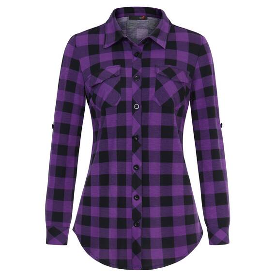 DJT Damen Weiches Gestrick Karierte Bluse Langarm Oberteile Roll Up Ärmel Hemdbluse Tunika Button Down Blusen Top Violett Schwarz Kariertes XXL
