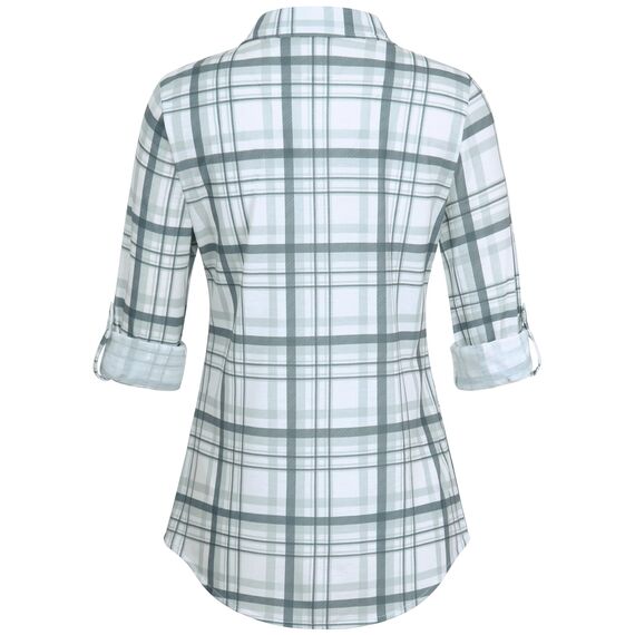 DJT Damen Weiches Gestrick Karierte Bluse Langarm Oberteile Roll Up Ärmel Hemdbluse Shirts Button Down Blusen Top Grau-Grün XL