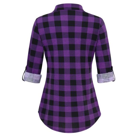 DJT Damen Weiches Gestrick Karierte Bluse Langarm Oberteile Roll Up Ärmel Hemdbluse Tunika Button Down Blusen Top Violett Schwarz Kariertes XXL