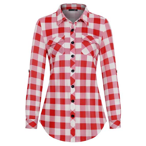 DJT Damen Weiches Gestrick Karierte Bluse Langarm Oberteile Roll Up Ärmel Hemdbluse Shirts Button Down Blusen Top Rot-Weiß XXL