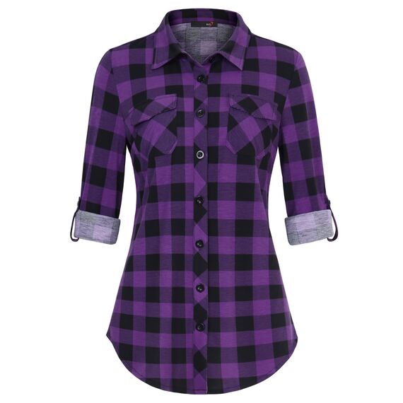 DJT Damen Weiches Gestrick Karierte Bluse Langarm Oberteile Roll Up Ärmel Hemdbluse Tunika Button Down Blusen Top Violett Schwarz Kariertes XL