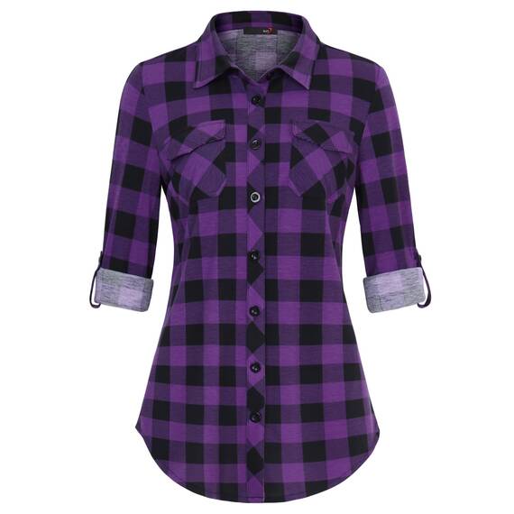 DJT Damen Weiches Gestrick Karierte Bluse Langarm Oberteile Roll Up Ärmel Hemdbluse Tunika Button Down Blusen Top Violett Schwarz Kariertes XXL