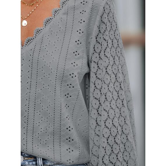 CUPSHE Damen Blusen V-Ausschnitt Spitzen Wellenkante Puffärmel Langarmshirt Lässige Lace Oberteile Tunika Bluse Tops Grau M