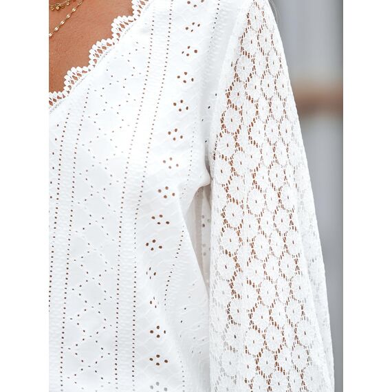 CUPSHE Damen Blusen V-Ausschnitt Spitzen Wellenkante Puffärmel Langarmshirt Lässige Lace Oberteile Tunika Bluse Tops Weiß XXL