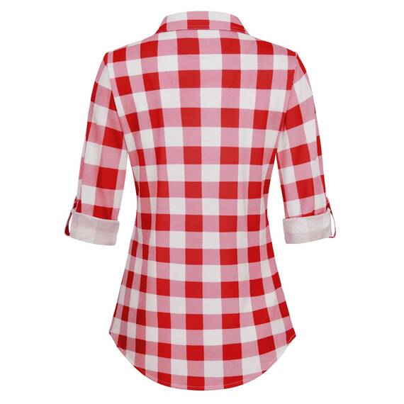 DJT Damen Weiches Gestrick Karierte Bluse Langarm Oberteile Roll Up Ärmel Hemdbluse Shirts Button Down Blusen Top Rot-Weiß XXL