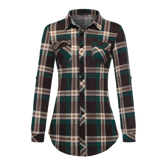 DJT Damen Weiches Gestrick Karierte Bluse Langarm Oberteile Roll Up Ärmel Hemdbluse Shirts Button Down Blusen Top Kaffee-Grün XXL