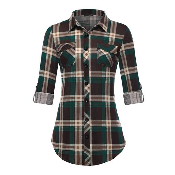 DJT Damen Weiches Gestrick Karierte Bluse Langarm Oberteile Roll Up Ärmel Hemdbluse Shirts Button Down Blusen Top Kaffee-Grün XXL