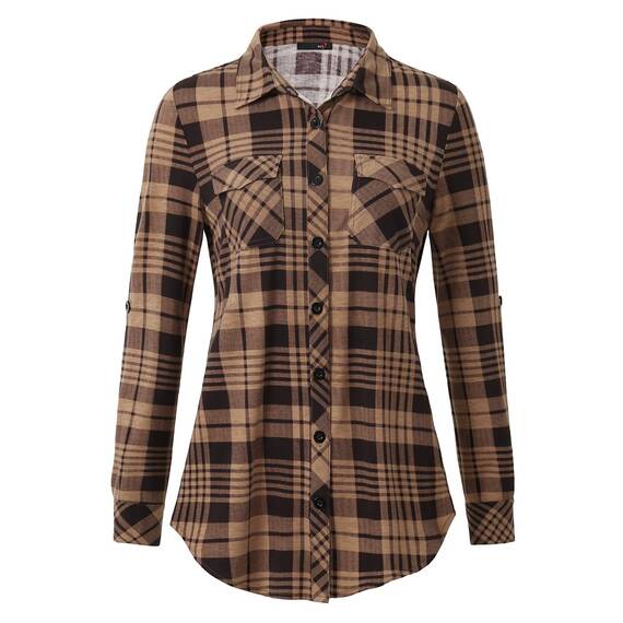 DJT Damen Weiches Gestrick Karierte Bluse Langarm Oberteile Roll Up Ärmel Hemdbluse Shirts Button Down Blusen Top Kaffee-Braun XXL