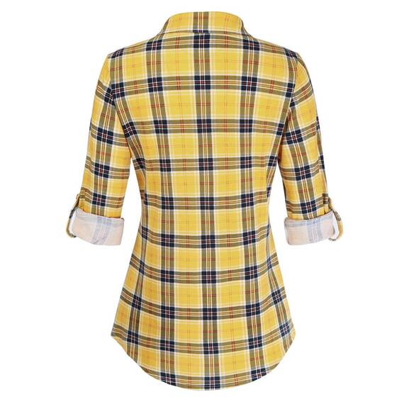 DJT Damen Weiches Gestrick Karierte Bluse Langarm Oberteile Roll Up Ärmel Hemdbluse Tunika Button Down Blusen Top Gelb Kariertes XXL