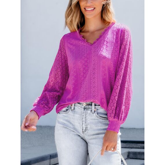 CUPSHE Damen Blusen V-Ausschnitt Spitzen Wellenkante Puffärmel Langarmshirt Lässige Lace Oberteile Tunika Bluse Tops Magenta M
