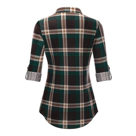 DJT Damen Weiches Gestrick Karierte Bluse Langarm Oberteile Roll Up Ärmel Hemdbluse Shirts Button Down Blusen Top Kaffee-Grün XXL