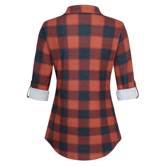 DJT Damen Weiches Gestrick Karierte Bluse Langarm Oberteile Roll Up Ärmel Hemdbluse Shirts Button Down Blusen Top Rot-Marineblau XXL