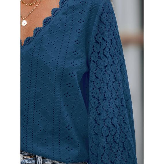 CUPSHE Damen Blusen V-Ausschnitt Spitzen Wellenkante Puffärmel Langarmshirt Lässige Lace Oberteile Tunika Bluse Tops Blau XL