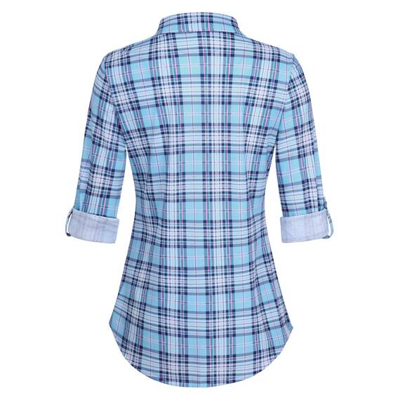 DJT Damen Weiches Gestrick Karierte Bluse Langarm Oberteile Roll Up Ärmel Hemdbluse Shirts Button Down Blusen Top Hellblau-Weiß XXL