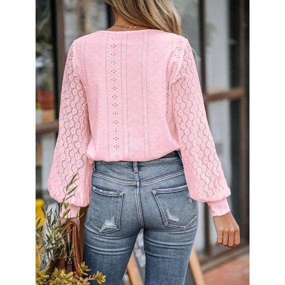 CUPSHE Damen Blusen V-Ausschnitt Spitzen Wellenkante Puffärmel Langarmshirt Lässige Lace Oberteile Tunika Bluse Tops Hellrosa XS