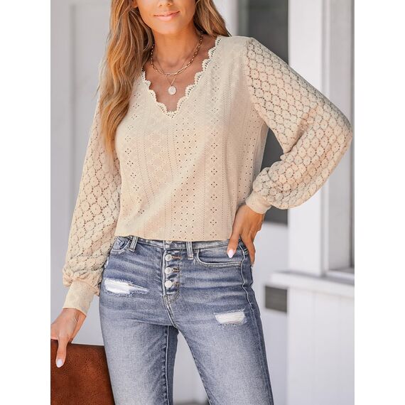 CUPSHE Damen Blusen V-Ausschnitt Spitzen Wellenkante Puffärmel Langarmshirt Lässige Lace Oberteile Tunika Bluse Tops Hellbraun L