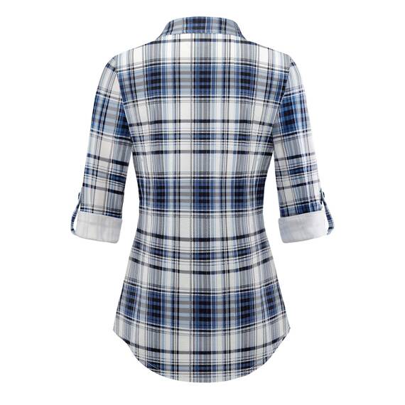 DJT Damen Weiches Gestrick Karierte Bluse Langarm Oberteile Roll Up Ärmel Hemdbluse Tunika Button Down Blusen Top Upgrade Dicker Stoff-Blau XXL