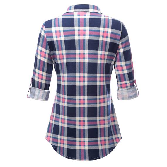 DJT Damen Weiches Gestrick Karierte Bluse Langarm Oberteile Roll Up Ärmel Hemdbluse Tunika Button Down Blusen Top Blau-Rosa XXL