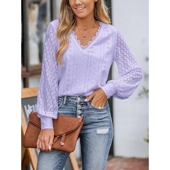 CUPSHE Damen Blusen V-Ausschnitt Spitzen Wellenkante Puffärmel Langarmshirt Lässige Lace Oberteile Tunika Bluse Tops Hellviolett S