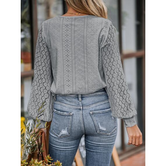 CUPSHE Damen Blusen V-Ausschnitt Spitzen Wellenkante Puffärmel Langarmshirt Lässige Lace Oberteile Tunika Bluse Tops Grau M
