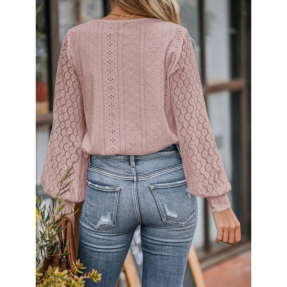 CUPSHE Damen Blusen V-Ausschnitt Spitzen Wellenkante Puffärmel Langarmshirt Lässige Lace Oberteile Tunika Bluse Tops Rose M