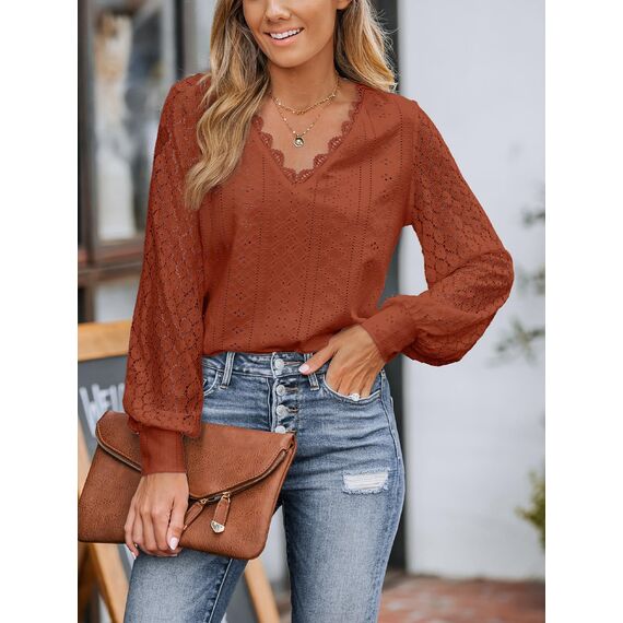 CUPSHE Damen Blusen V-Ausschnitt Spitzen Wellenkante Puffärmel Langarmshirt Lässige Lace Oberteile Tunika Bluse Tops Rot M
