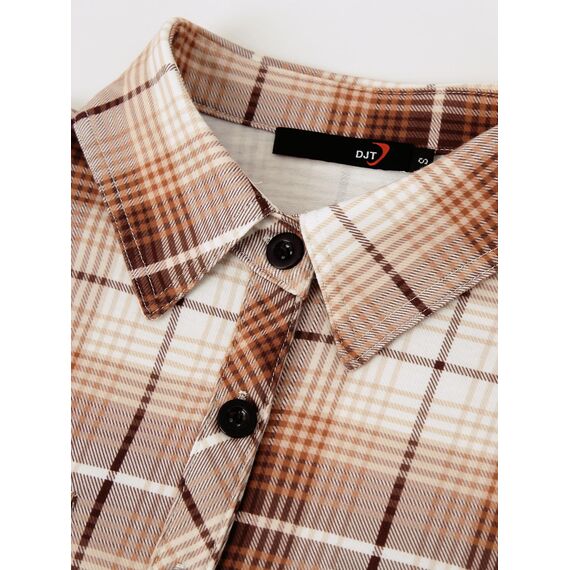 DJT Damen Weiches Gestrick Karierte Bluse Langarm Oberteile Roll Up Ärmel Hemdbluse Tunika Button Down Blusen Top Kaffee-Weiß XL