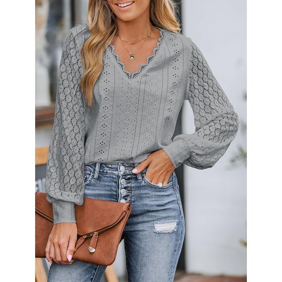 CUPSHE Damen Blusen V-Ausschnitt Spitzen Wellenkante Puffärmel Langarmshirt Lässige Lace Oberteile Tunika Bluse Tops Grau S
