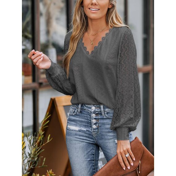 CUPSHE Damen Blusen V-Ausschnitt Spitzen Wellenkante Puffärmel Langarmshirt Lässige Lace Oberteile Tunika Bluse Tops Dunkelgrau L