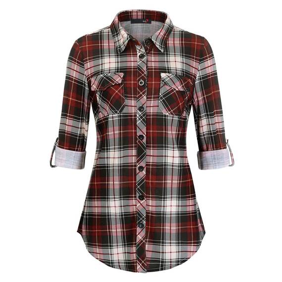 DJT Damen Weiches Gestrick Karierte Bluse Langarm 3/4 Roll Up Ärmel Hemdbluse Button-down Blusen Schönes Rot XXL