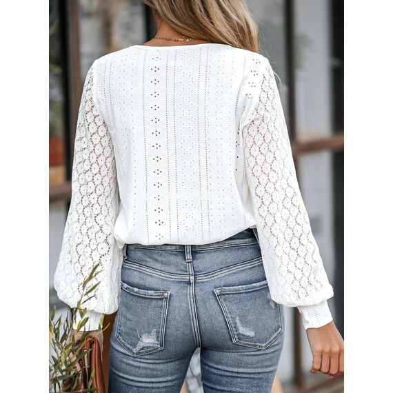 CUPSHE Damen Blusen mit V Ausschnitt, überbackener Spitze, Lange Spitzenärmel, gebänderte Manschetten, schickes, Elegantes Hemd, Weiß M