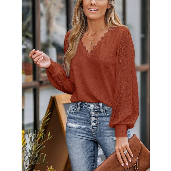 CUPSHE Damen Blusen V-Ausschnitt Spitzen Wellenkante Puffärmel Langarmshirt Lässige Lace Oberteile Tunika Bluse Tops Rot S