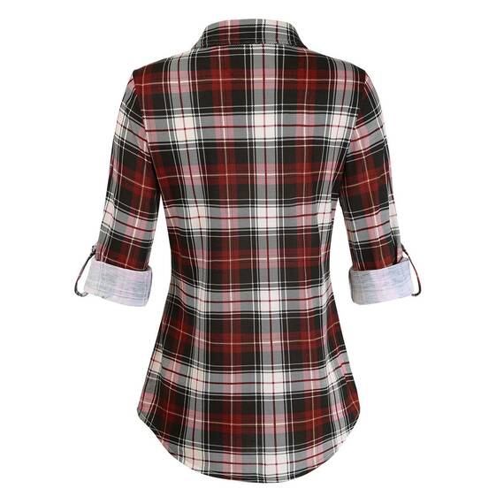 DJT Damen Weiches Gestrick Karierte Bluse Langarm 3/4 Roll Up Ärmel Hemdbluse Button-down Blusen Schönes Rot XXL