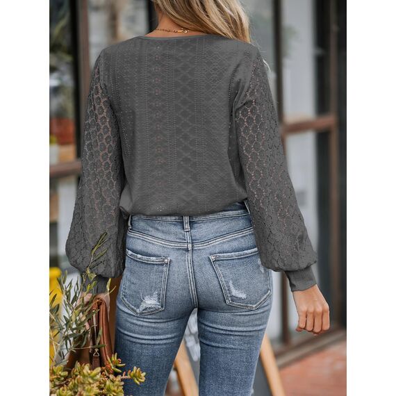 CUPSHE Damen Blusen V-Ausschnitt Spitzen Wellenkante Puffärmel Langarmshirt Lässige Lace Oberteile Tunika Bluse Tops Dunkelgrau M