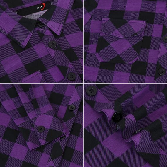 DJT Damen Weiches Gestrick Karierte Bluse Langarm Oberteile Roll Up Ärmel Hemdbluse Tunika Button Down Blusen Top Violett Schwarz Kariertes XL