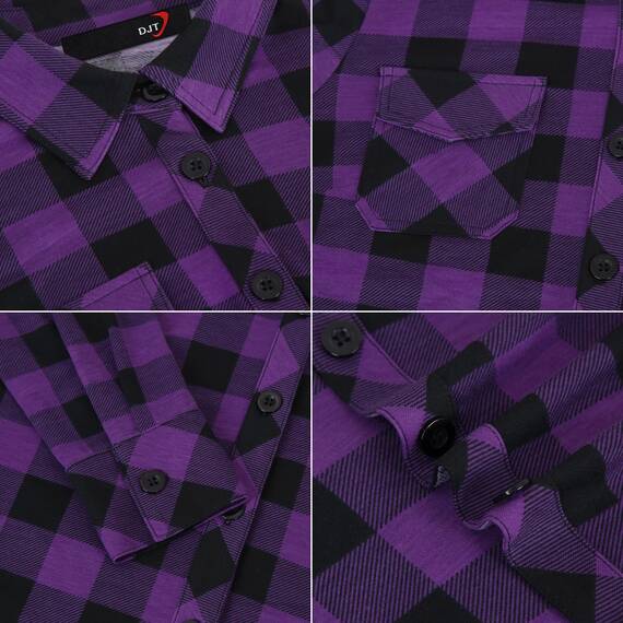 DJT Damen Weiches Gestrick Karierte Bluse Langarm Oberteile Roll Up Ärmel Hemdbluse Tunika Button Down Blusen Top Violett Schwarz Kariertes XXL