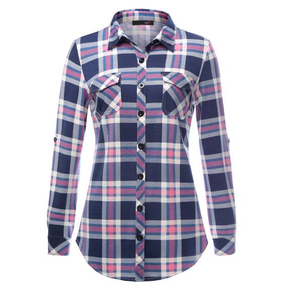 DJT Damen Weiches Gestrick Karierte Bluse Langarm Oberteile Roll Up Ärmel Hemdbluse Tunika Button Down Blusen Top Blau-Rosa XXL