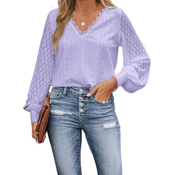 CUPSHE Damen Blusen V-Ausschnitt Spitzen Wellenkante Puffärmel Langarmshirt Lässige Lace Oberteile Tunika Bluse Tops Hellviolett XL