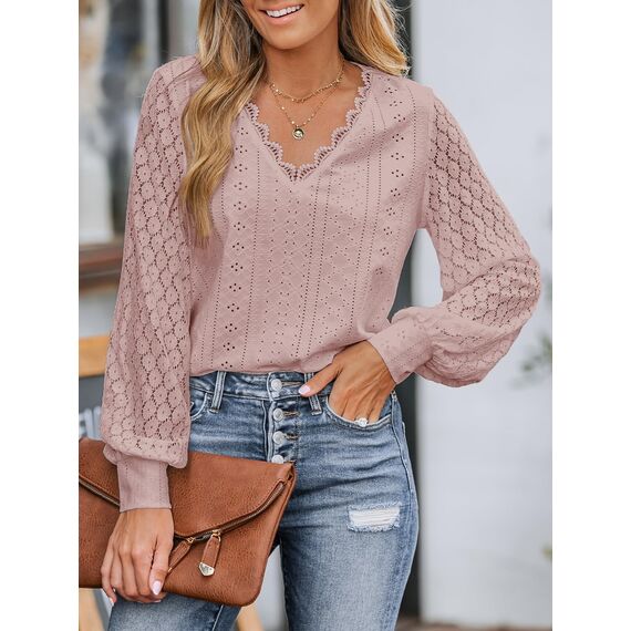 CUPSHE Damen Blusen V-Ausschnitt Spitzen Wellenkante Puffärmel Langarmshirt Lässige Lace Oberteile Tunika Bluse Tops Rose S