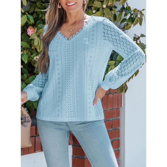 CUPSHE Damen Blusen V-Ausschnitt Spitzen Wellenkante Puffärmel Langarmshirt Lässige Lace Oberteile Tunika Bluse Tops Hellblau L
