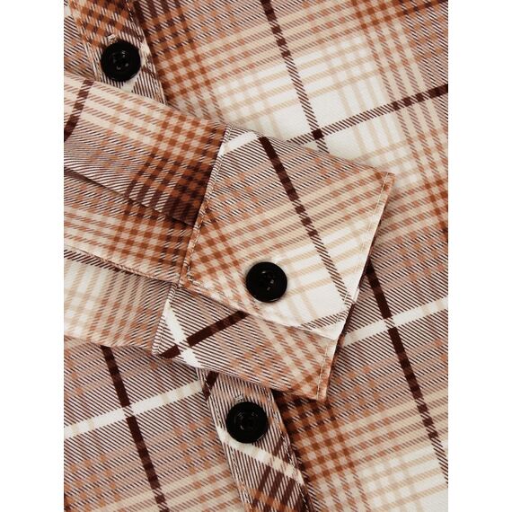 DJT Damen Weiches Gestrick Karierte Bluse Langarm Oberteile Roll Up Ärmel Hemdbluse Tunika Button Down Blusen Top Kaffee-Weiß XL