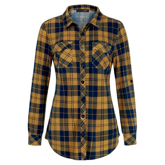 DJT Damen Weiches Gestrick Karierte Bluse Langarm Oberteile Roll Up Ärmel Hemdbluse Shirts Button Down Blusen Top Gelb-Marine XXL