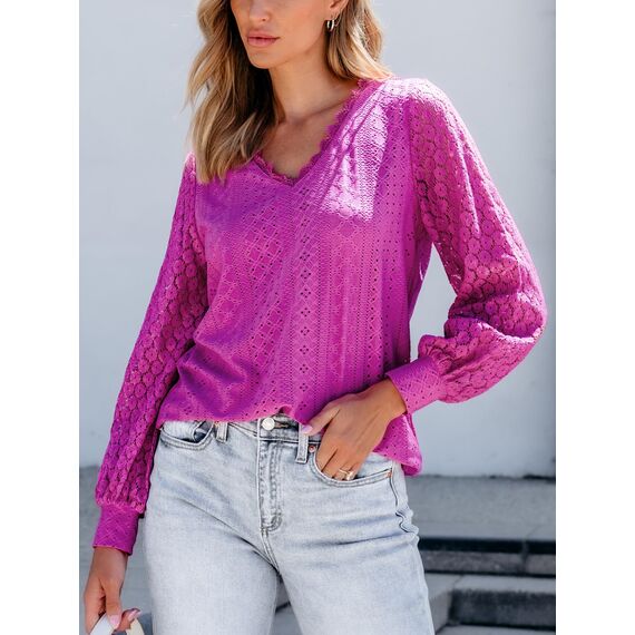 CUPSHE Damen Blusen V-Ausschnitt Spitzen Wellenkante Puffärmel Langarmshirt Lässige Lace Oberteile Tunika Bluse Tops Magenta M