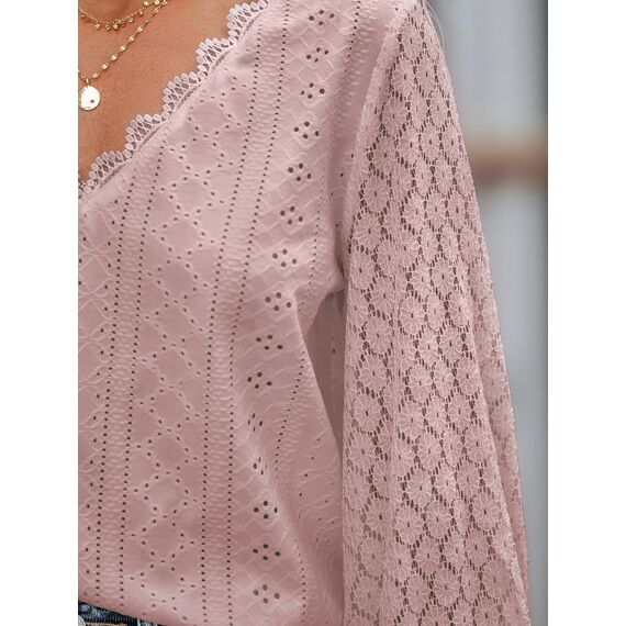 CUPSHE Damen Blusen V-Ausschnitt Spitzen Wellenkante Puffärmel Langarmshirt Lässige Lace Oberteile Tunika Bluse Tops Rose S