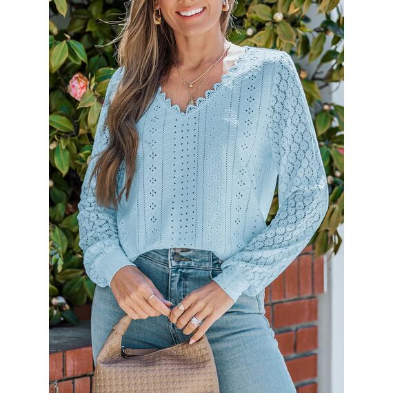 CUPSHE Damen Blusen V-Ausschnitt Spitzen Wellenkante Puffärmel Langarmshirt Lässige Lace Oberteile Tunika Bluse Tops Hellblau S