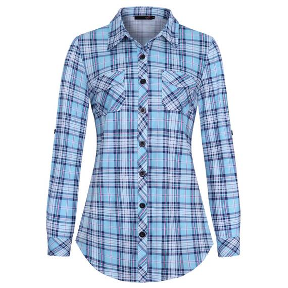 DJT Damen Weiches Gestrick Karierte Bluse Langarm Oberteile Roll Up Ärmel Hemdbluse Shirts Button Down Blusen Top Hellblau-Weiß XXL