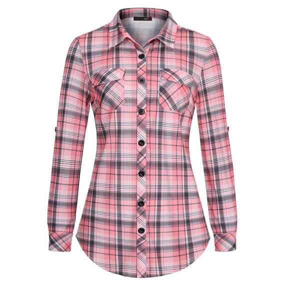DJT Damen Weiches Gestrick Karierte Bluse Langarm Oberteile Roll Up Ärmel Hemdbluse Tunika Button Down Blusen Top Rosa Kariertes XXL