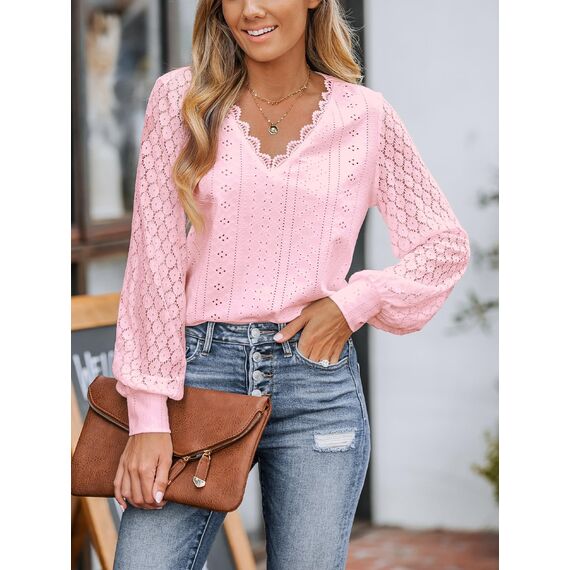 CUPSHE Damen Blusen V-Ausschnitt Spitzen Wellenkante Puffärmel Langarmshirt Lässige Lace Oberteile Tunika Bluse Tops Hellrosa L