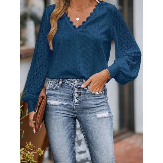 CUPSHE Damen Blusen V-Ausschnitt Spitzen Wellenkante Puffärmel Langarmshirt Lässige Lace Oberteile Tunika Bluse Tops Blau XL