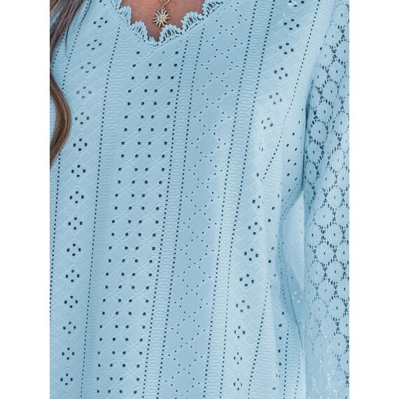 CUPSHE Damen Blusen V-Ausschnitt Spitzen Wellenkante Puffärmel Langarmshirt Lässige Lace Oberteile Tunika Bluse Tops Hellblau S